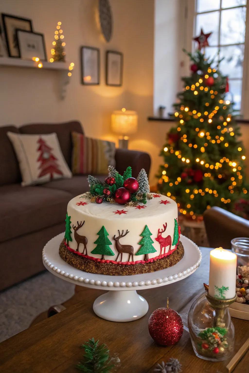 Christmas cake presenting joyful reindeer and trees