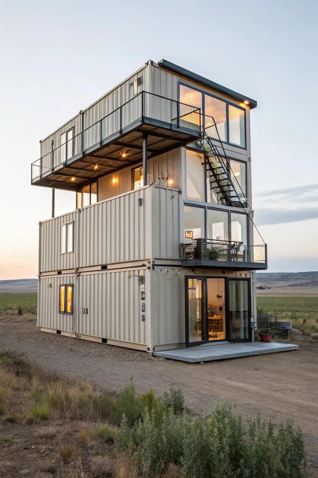 A multi-story modular home demonstrating efficient vertical space utilization and expansive scenic views.