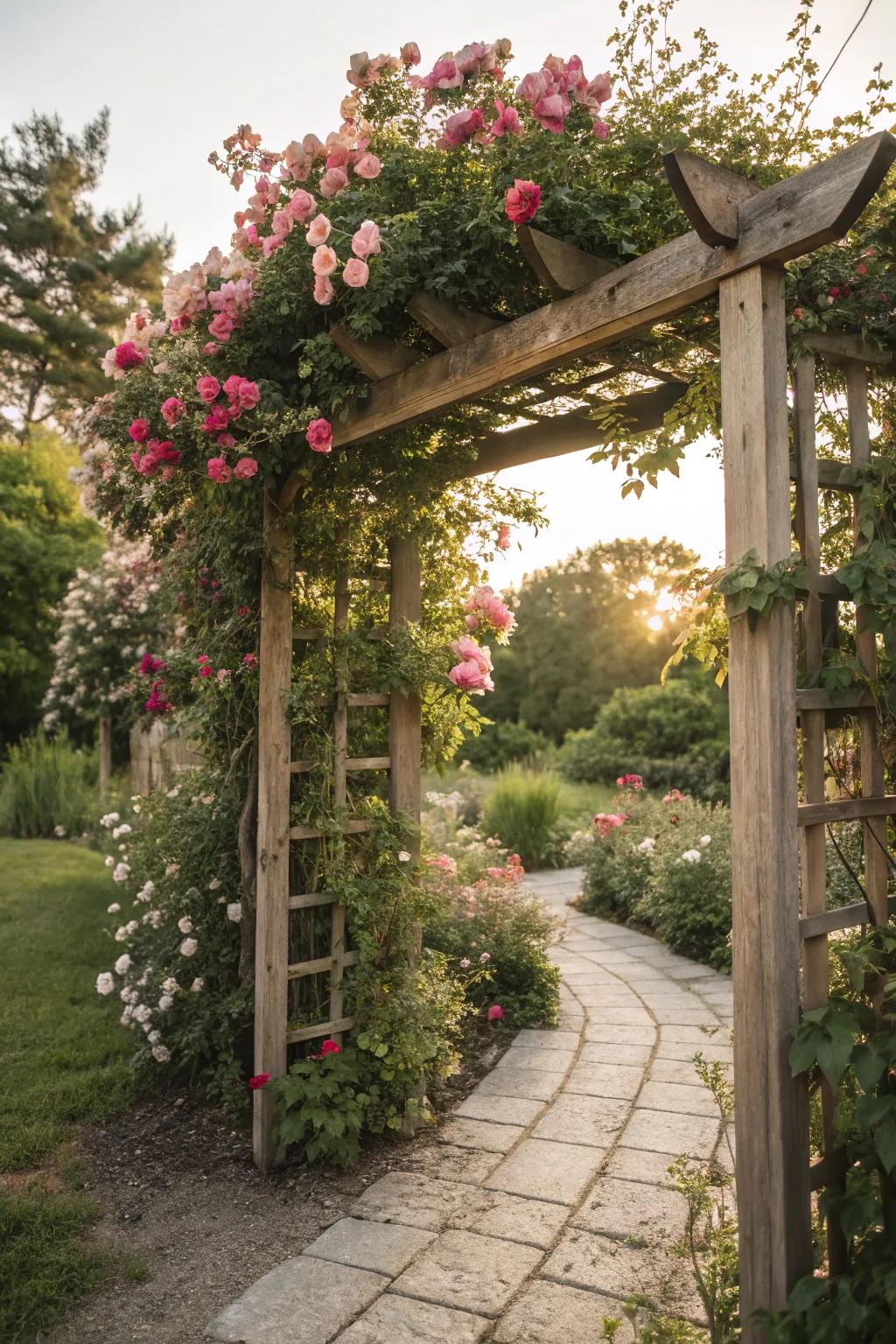 Climbing plant supports offer vertical dimension and a framework for vibrant flowers.