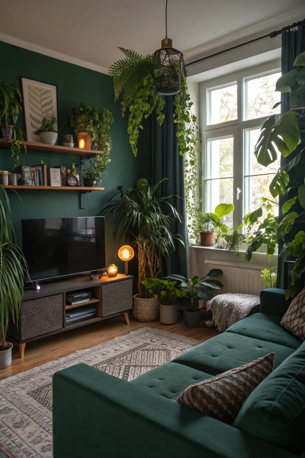 Indoor plants enhance the natural vibe of a dark green living room.