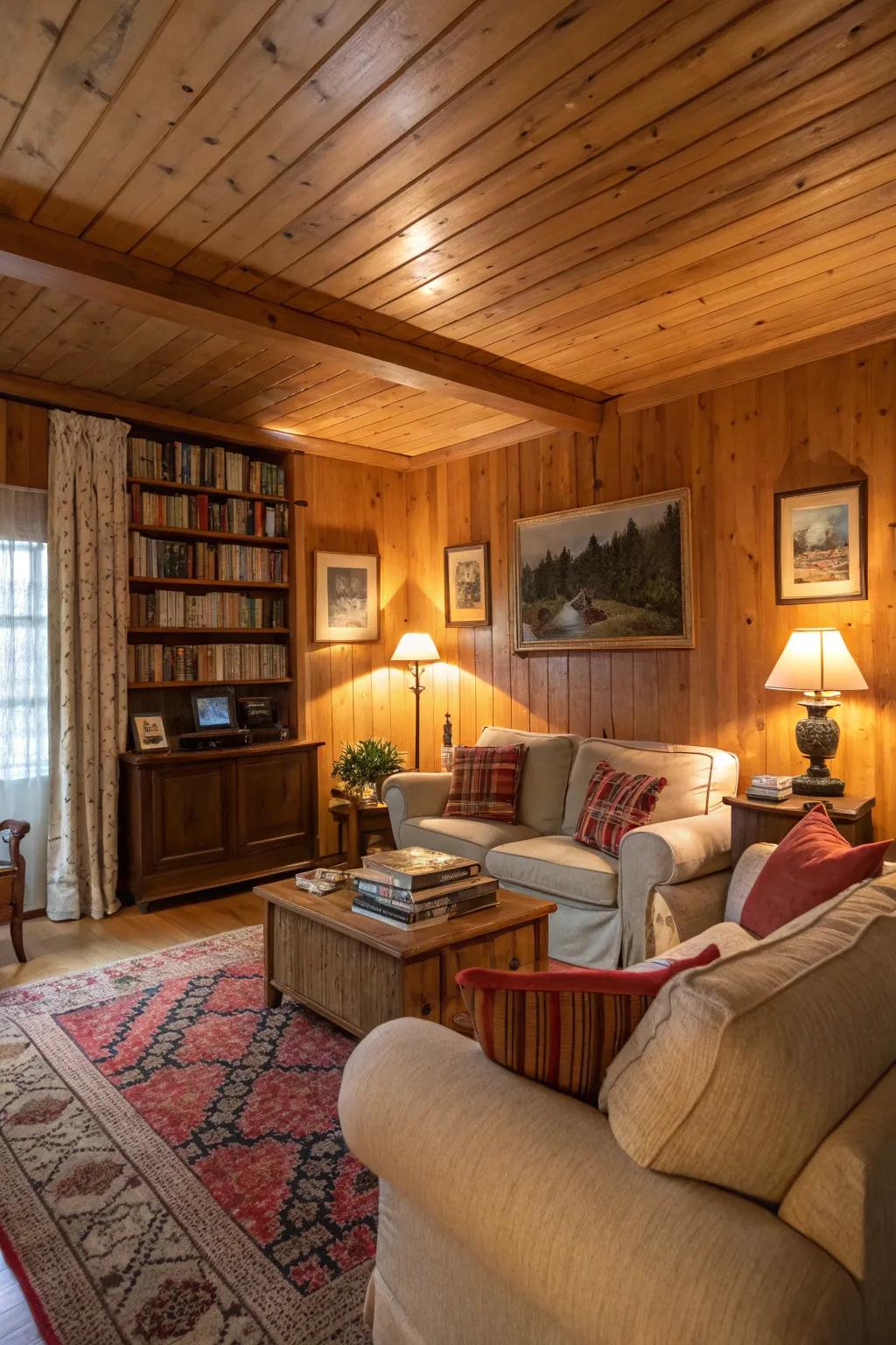 Timber paneling infuses warmth and a natural ambiance.