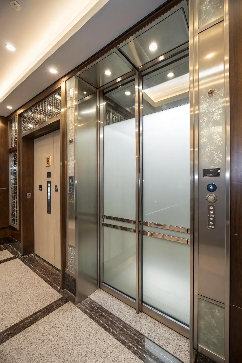 A modern elevator showcases etched crystal accents, creating an open and elegant ambiance.