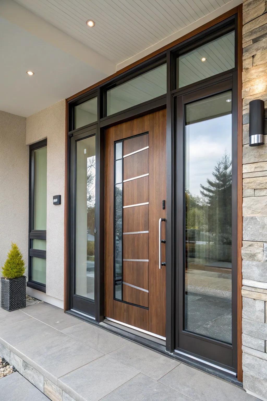 A bold portal fitted with glass panels produces an appealing point of convergence.