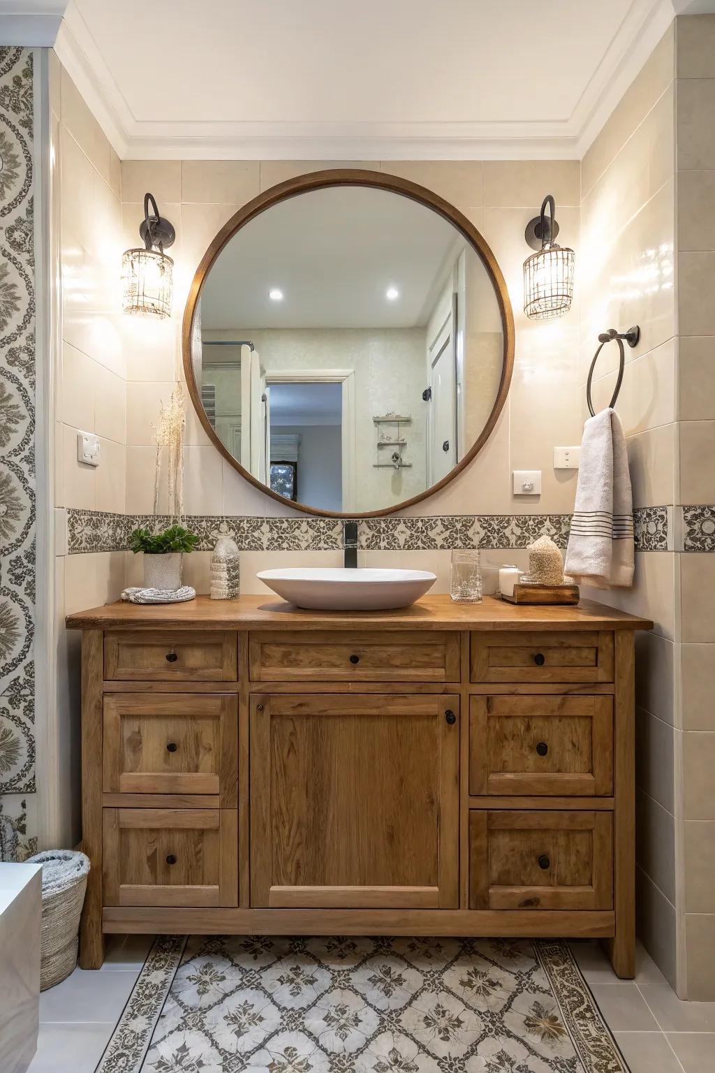 A substantial round mirror positioned above a timber vanity in a powder room.