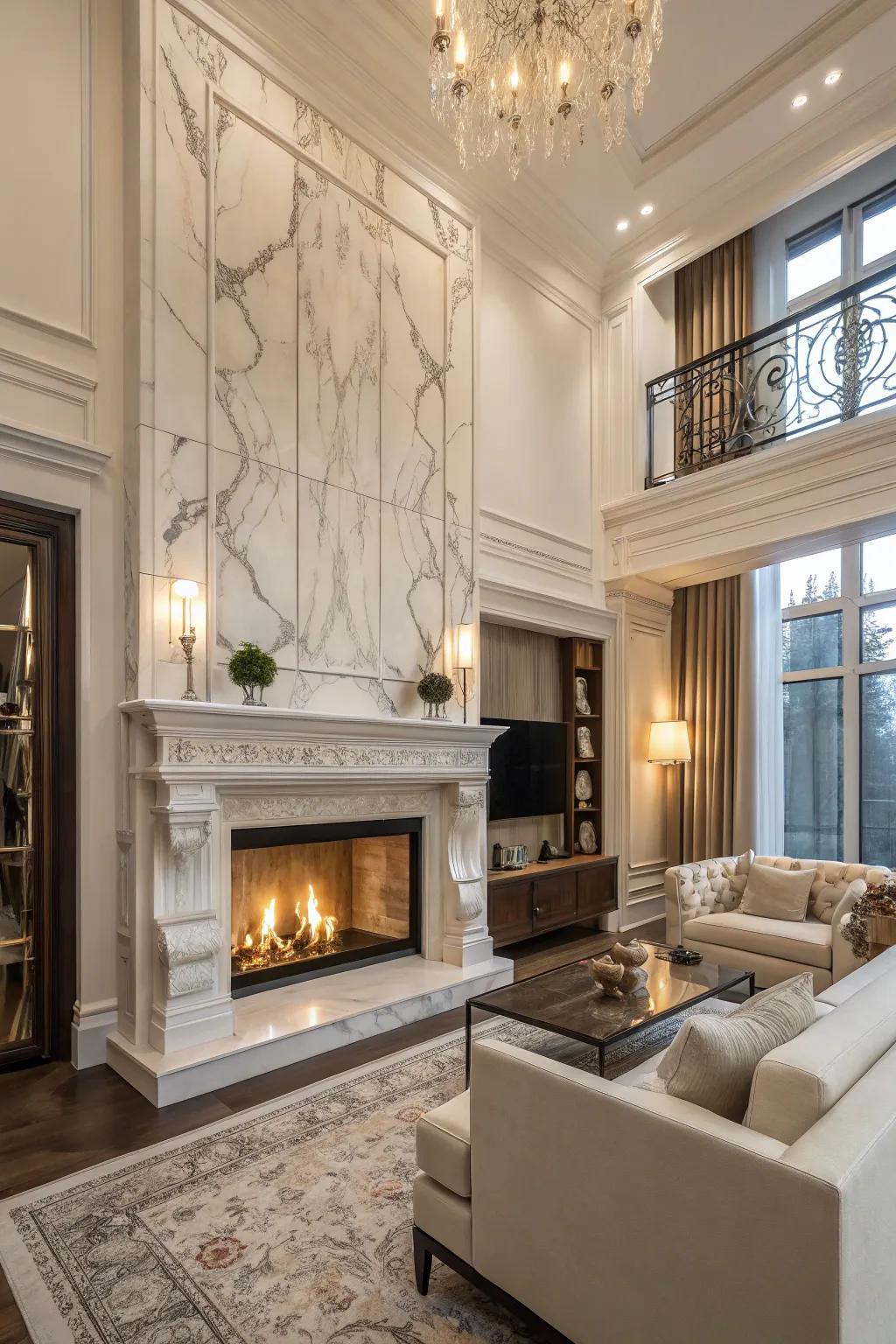Opulent fireplace featuring marble stone.