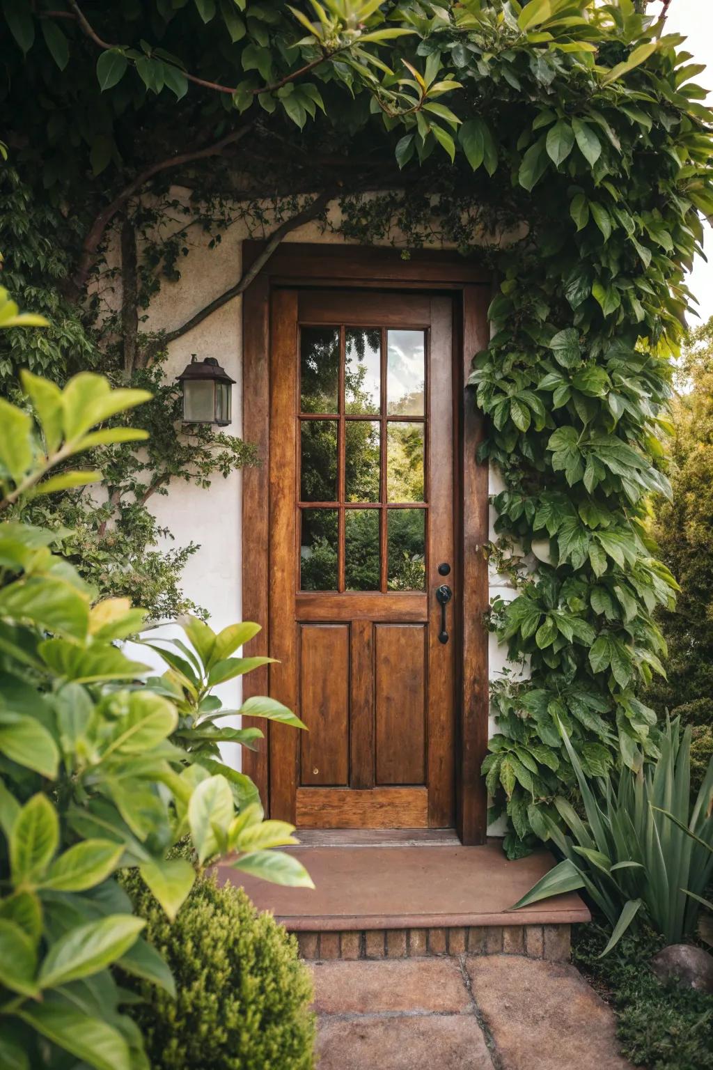 Natural wood finishes present a cozy and inviting portal.