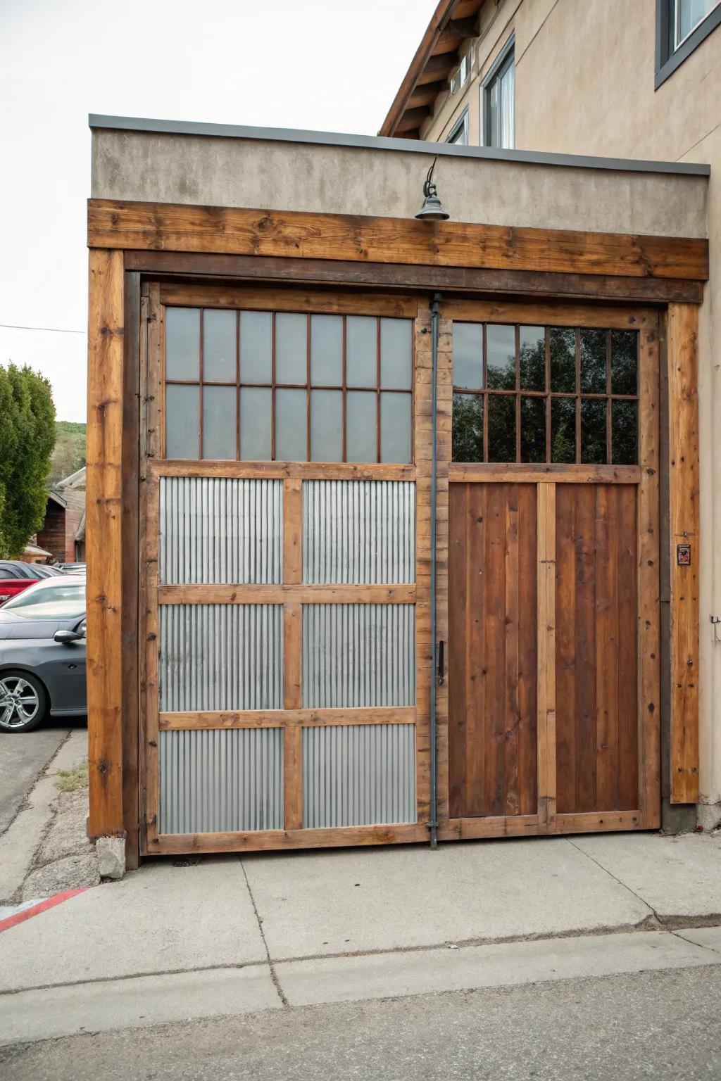 A mix of wood and metal results in a textured and appealing garage door.