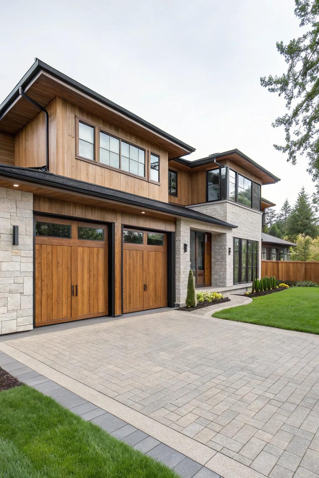 Warm timber shades on both portals for a natural-inspired facade.