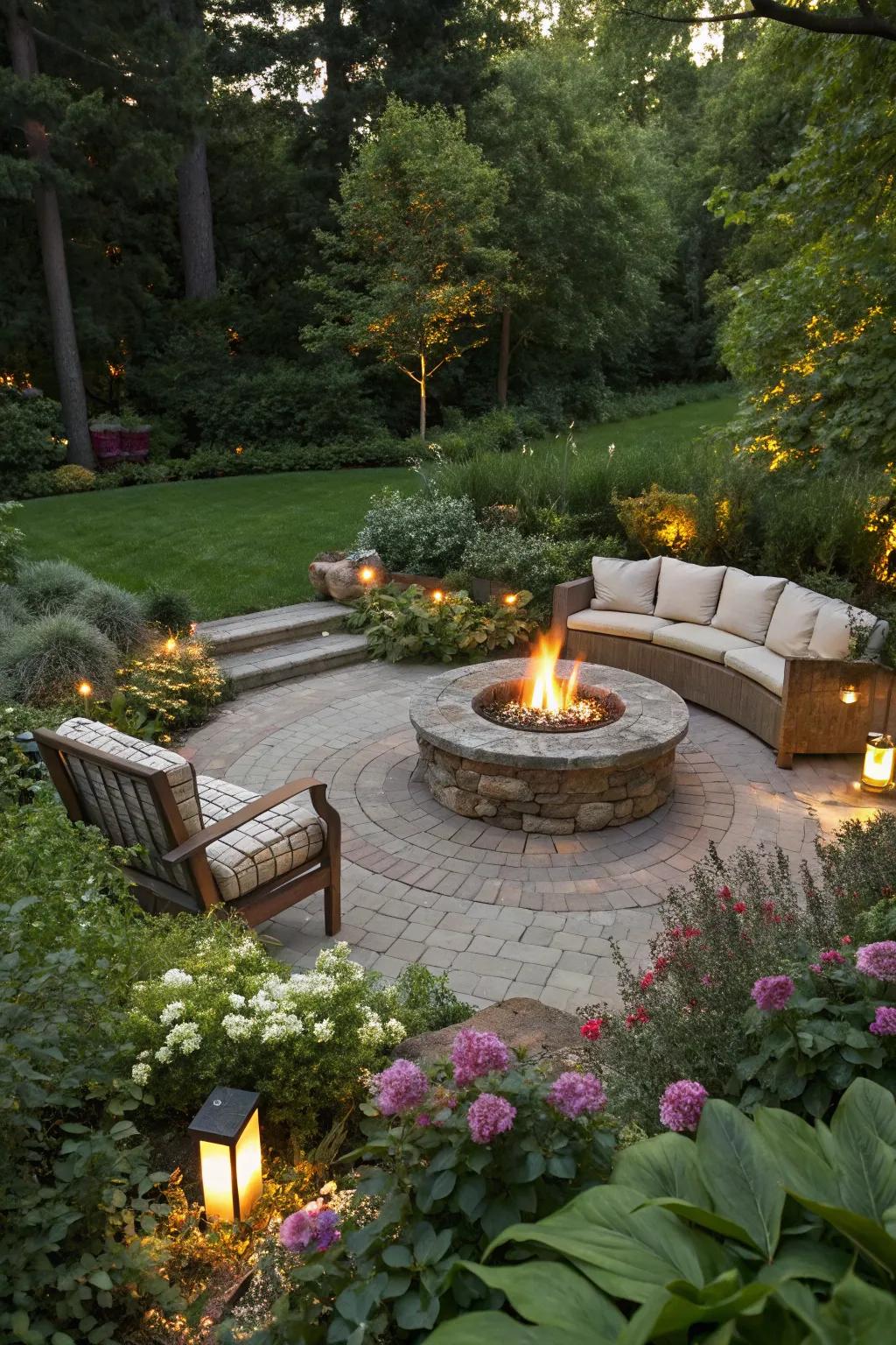 A fire bowl stands as an inviting and warm centerpiece within a modern garden.
