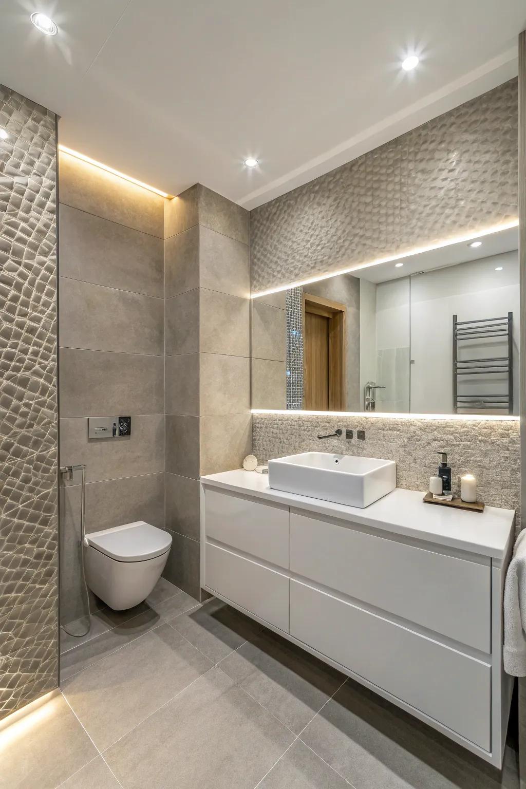 Textural contrast enriches a contemporary bathroom with depth and character.