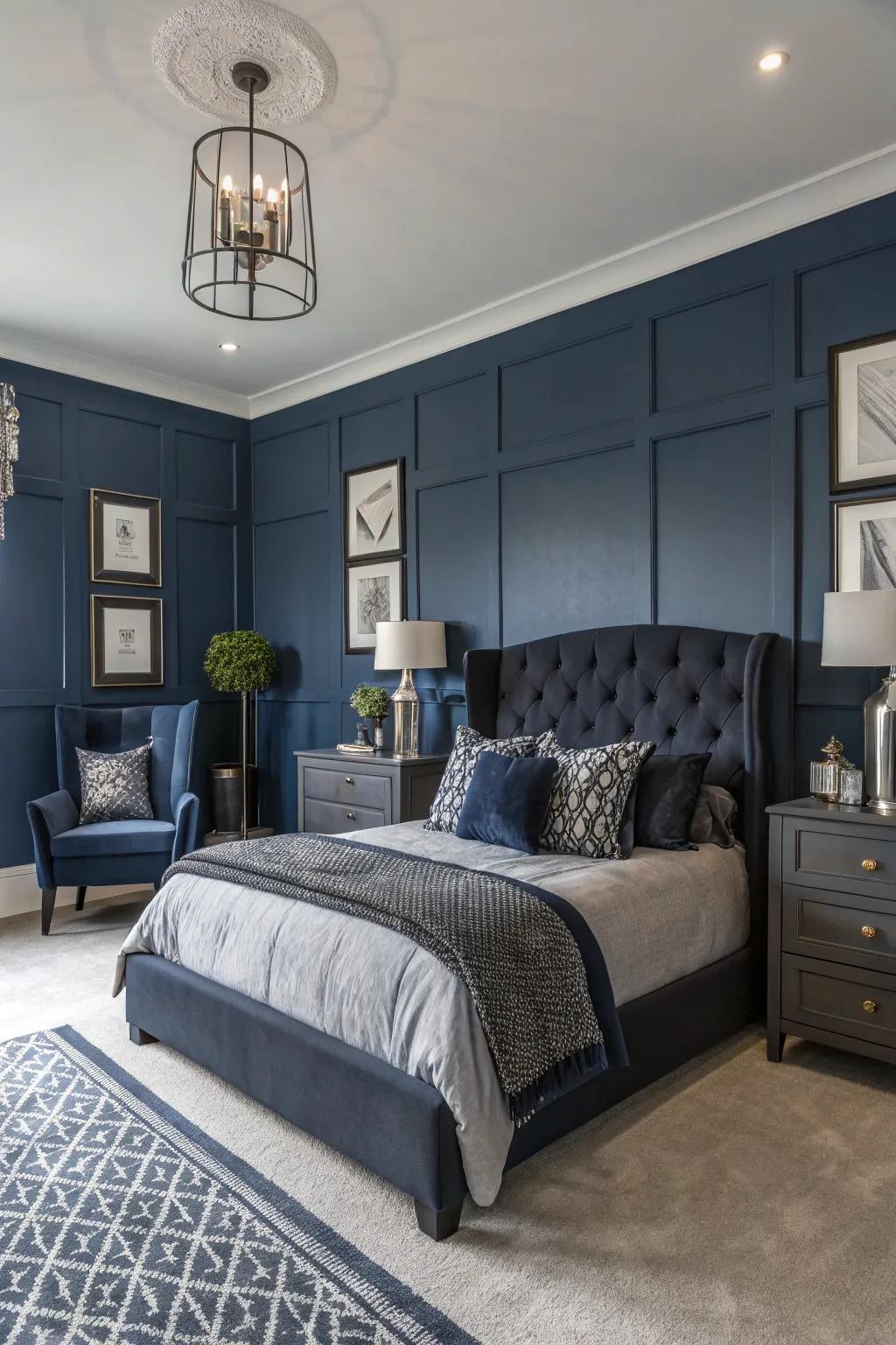 Design a dramatic bedroom motif with a combination of deep sea blue and soot grey.