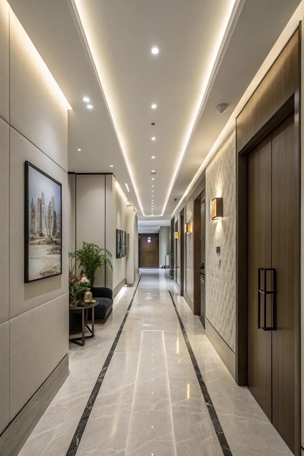In-ceiling lights maintain a clean and flowing hallway design.