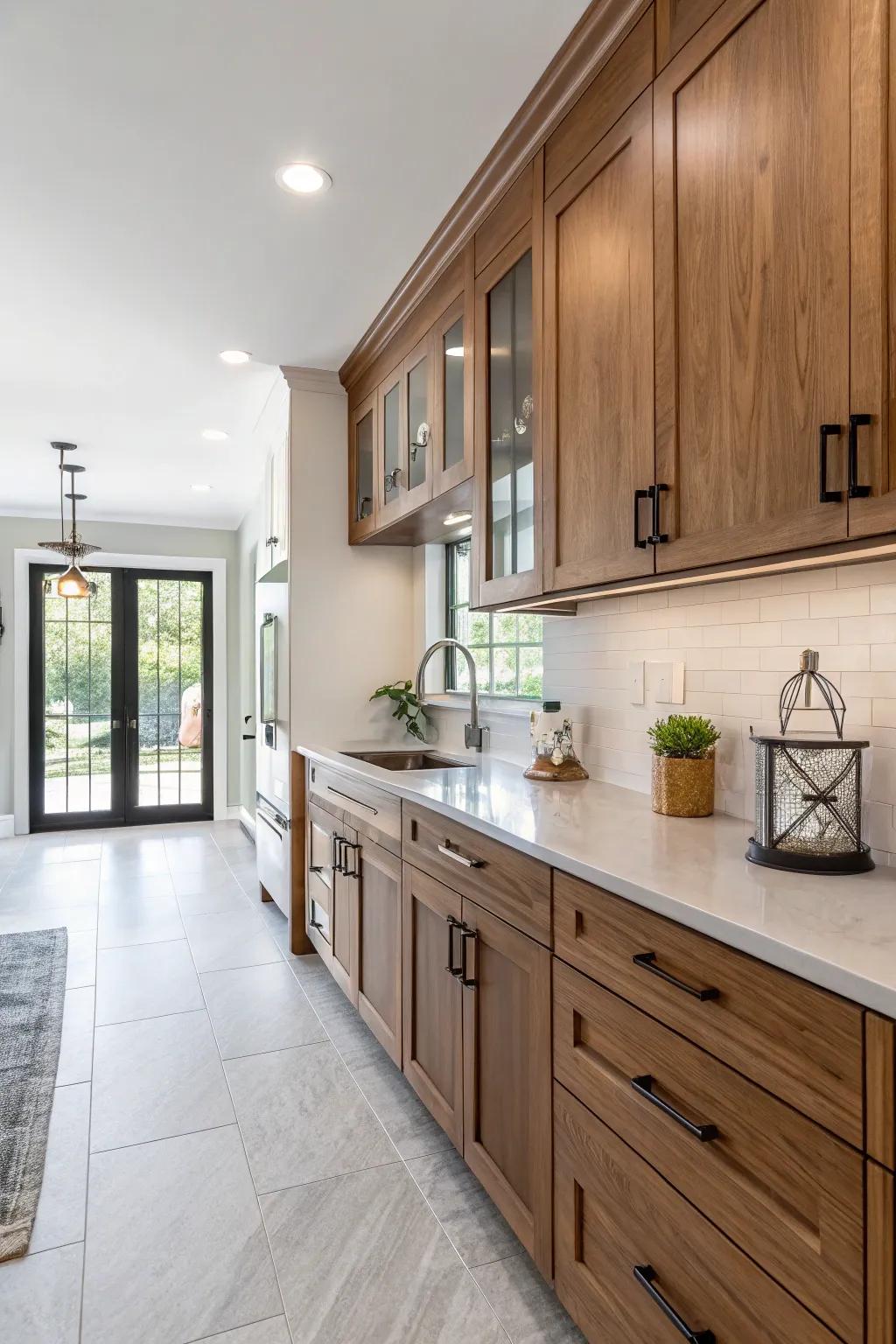 Refined hardware modernizes the classic charm of walnut-toned fittings.
