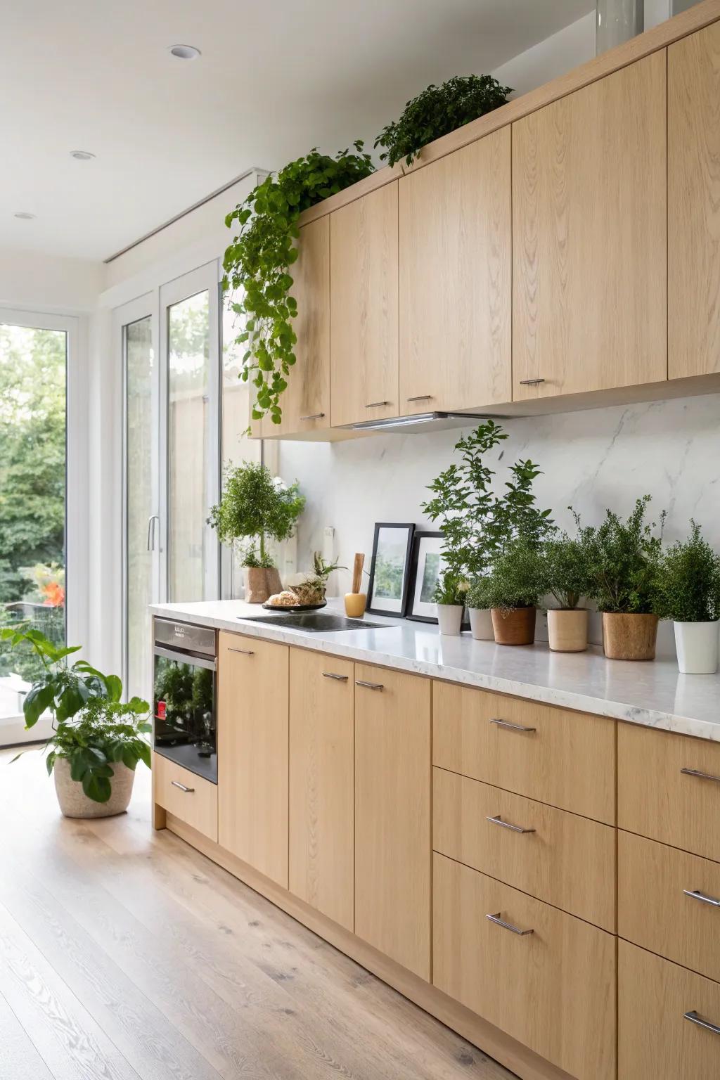 Houseplants harmonize flawlessly with the inherent charm of pale maple cabinets.