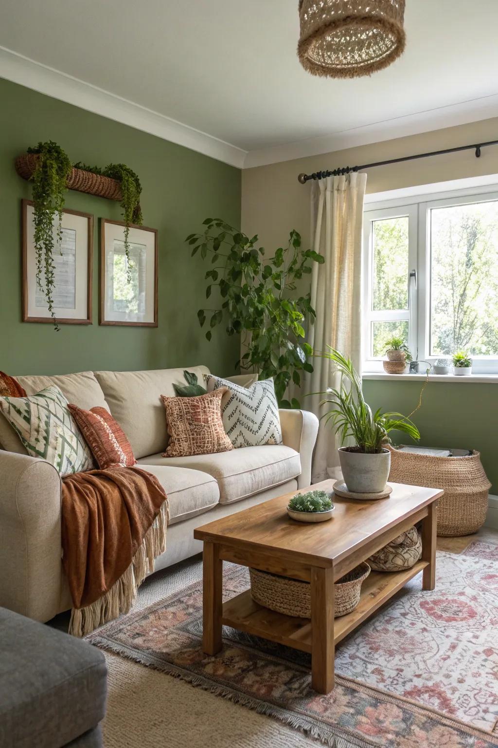 Walls in organic green merge nature with modern style, creating an inviting living area.