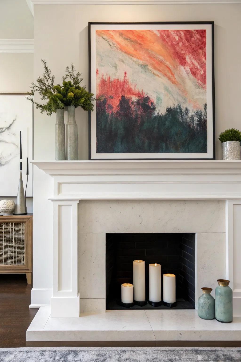 A striking art piece can transform your mantel into a captivating focal point.