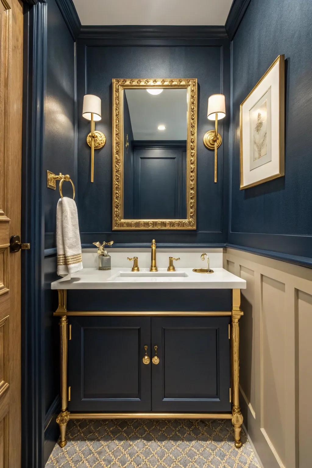 Gilded accents bestow a sense of luxury to midnight blue bathrooms.