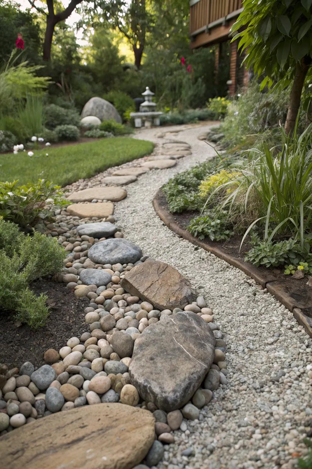 A garden walkway that experiments with textural disparities using sleek stones and coarse gravel.