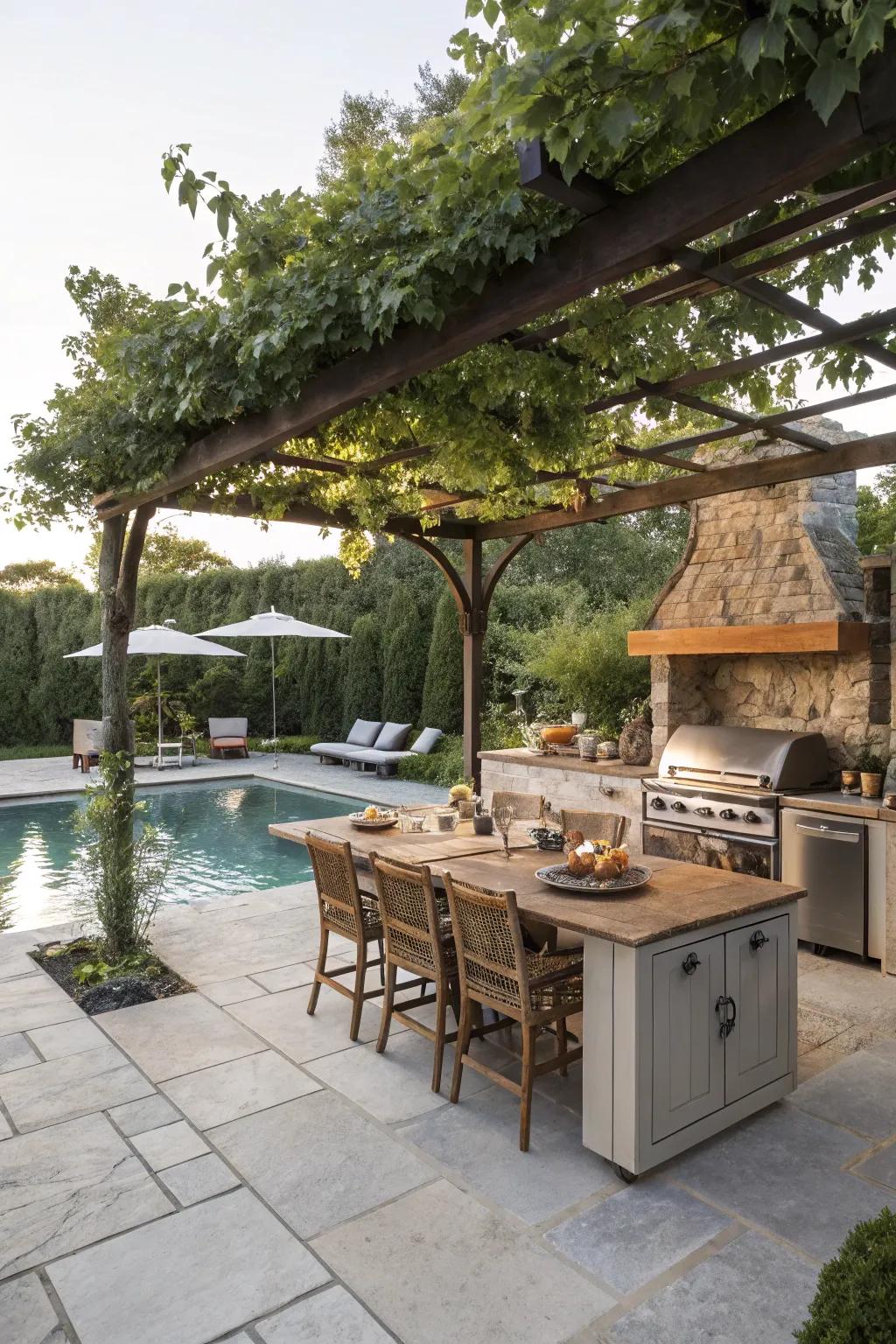 A pergola-clad outdoor kitchen adjacent to a tranquil swimming pool.