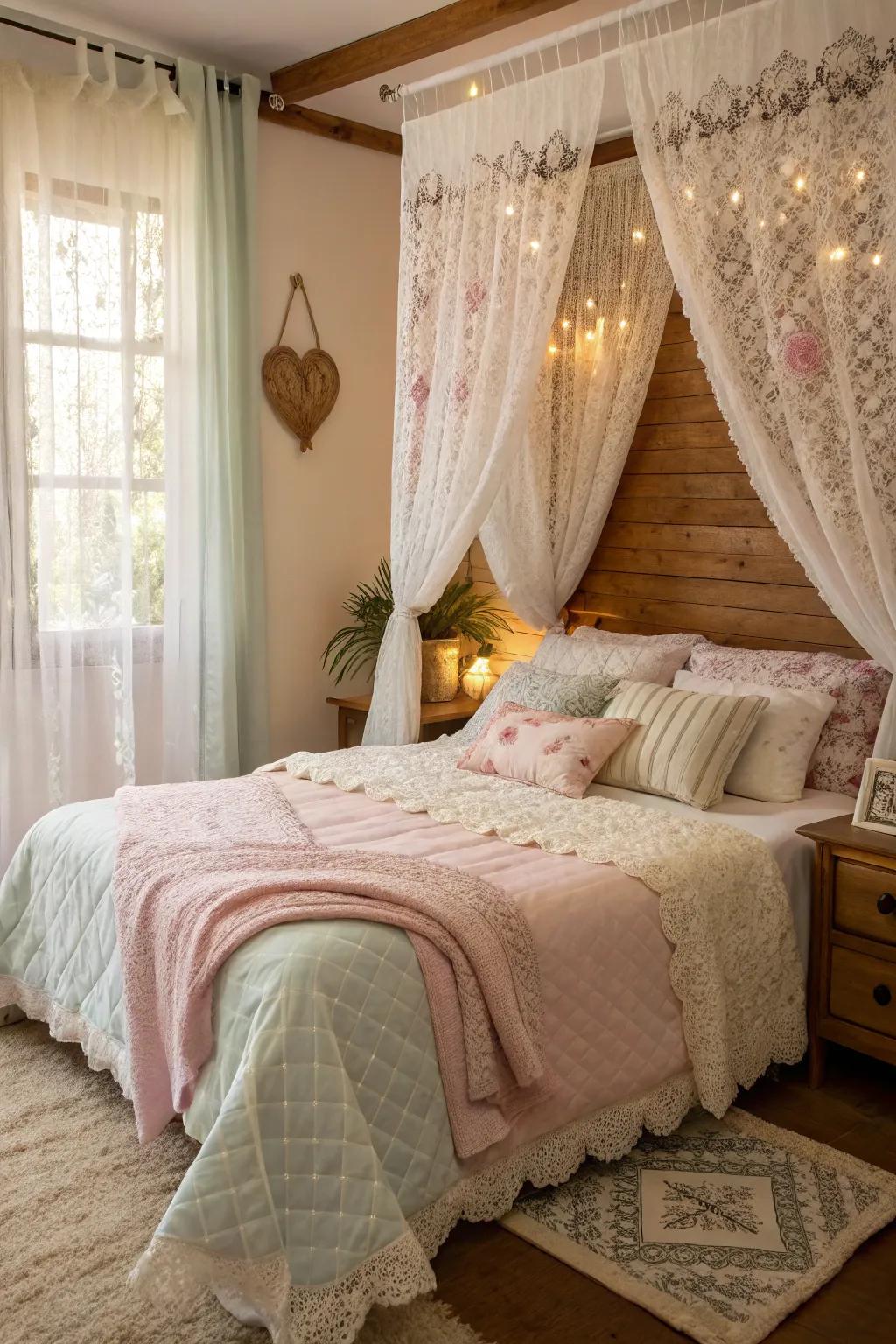Delicate textiles fashion a cozy and inviting atmosphere in a shabby chic bedroom.