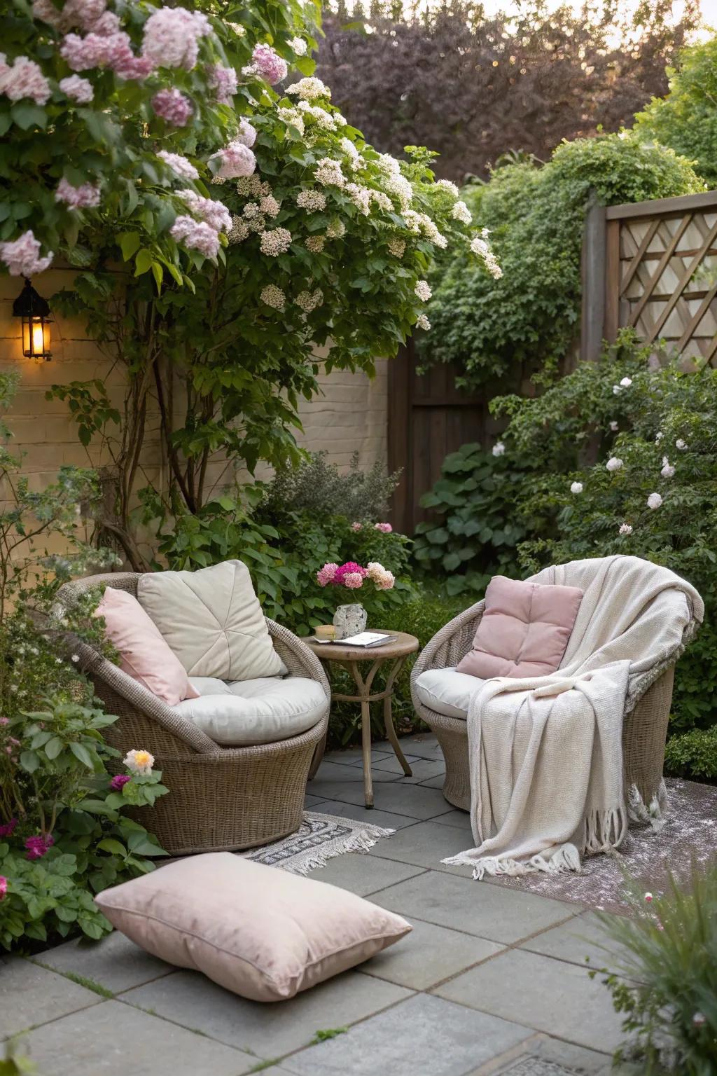 A snug seating corner ideal for unwinding in a compact garden.