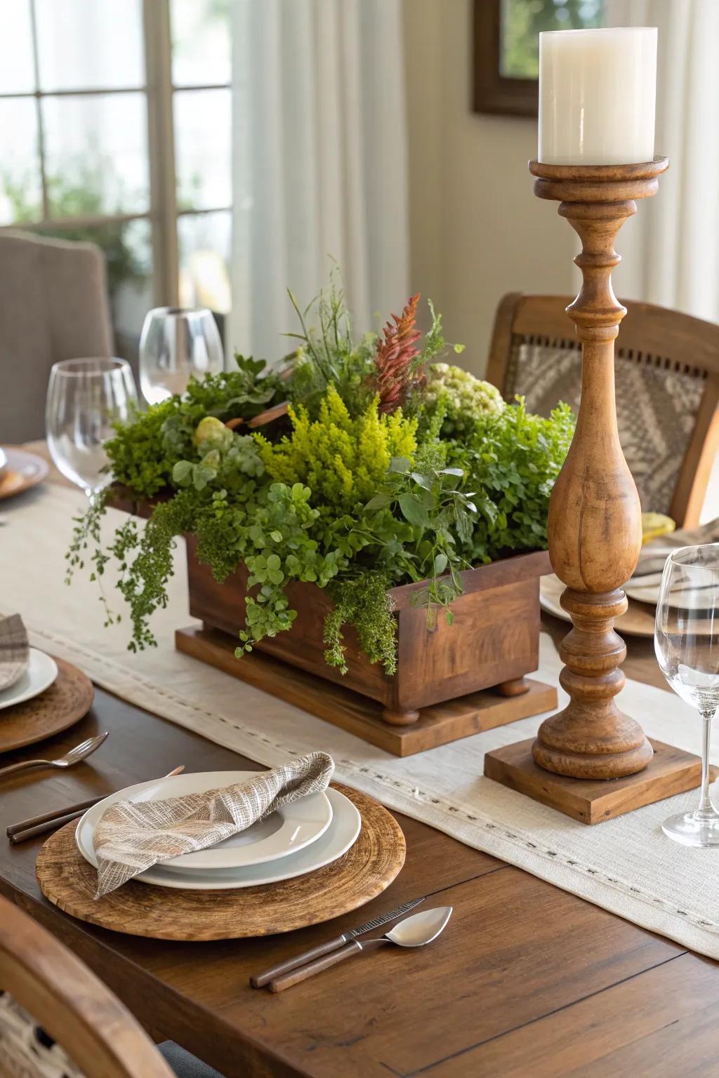 Organic accents infuse warmth and texture into the tablescape.