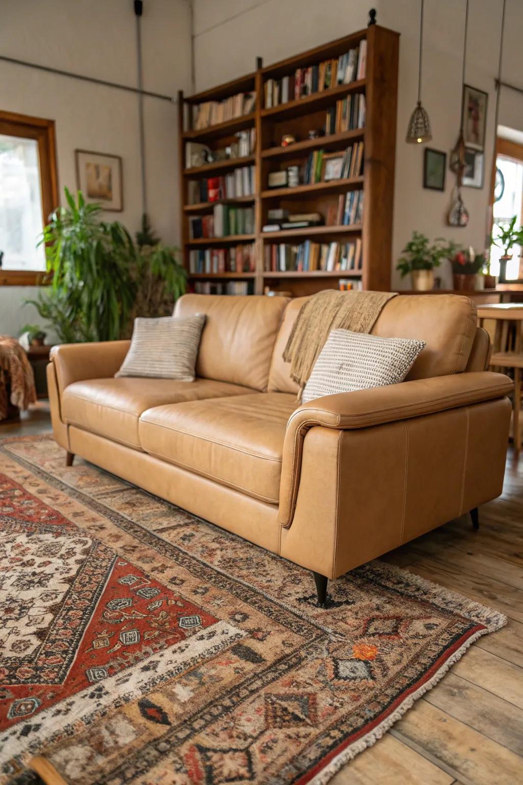 A textured floor covering enhances the comfort of a tawny hide couch.