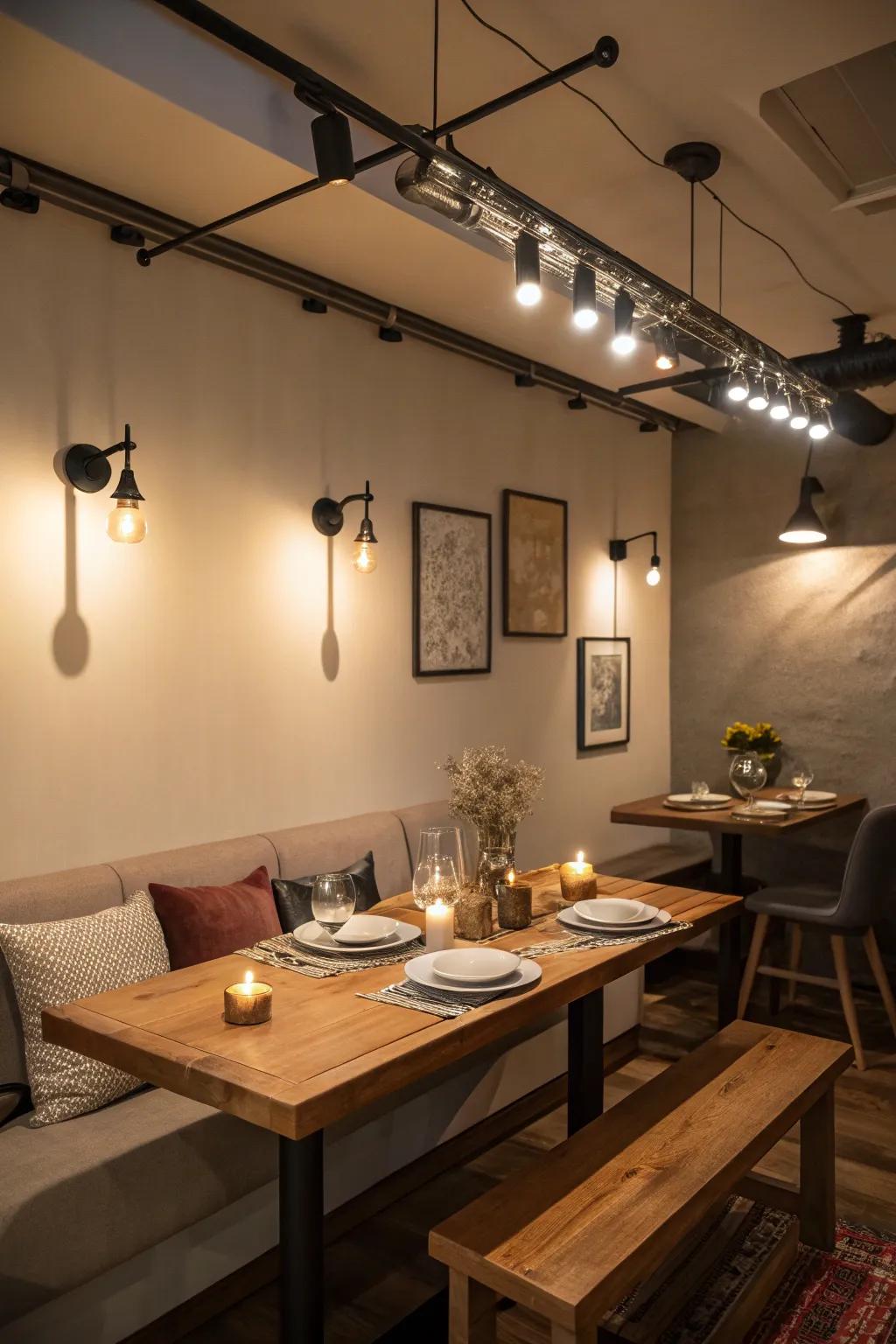 Dining sector illuminated by adaptable rail lighting for a welcoming dining ambiance.