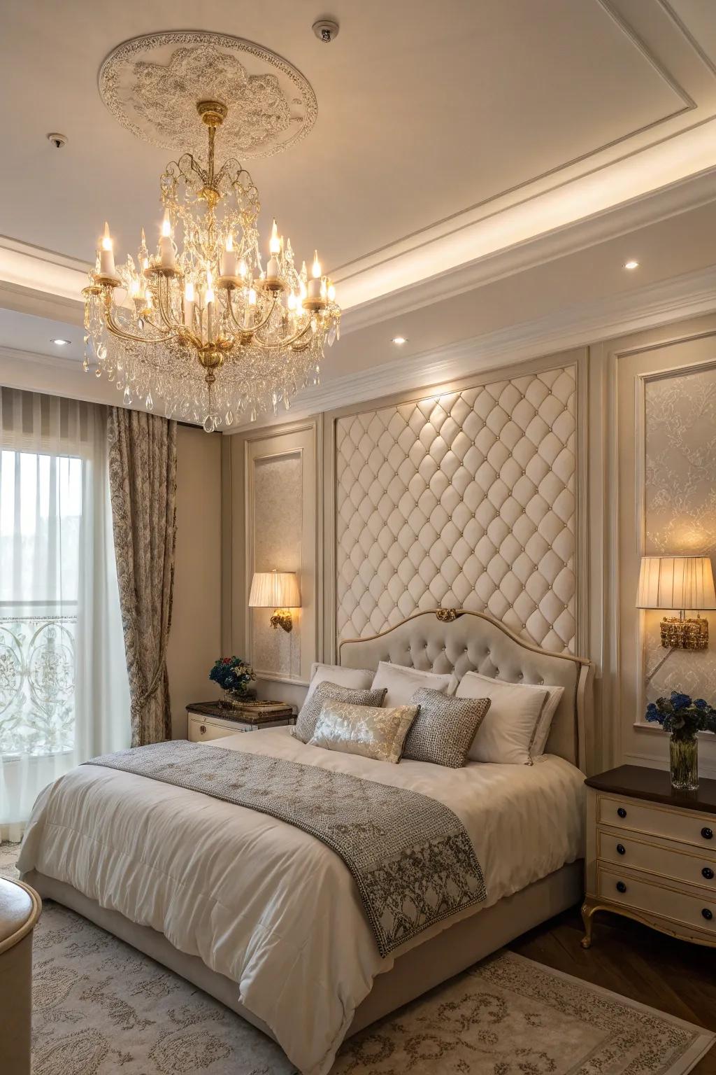 An elegant chandelier introduces a hint of sophistication and dramatic flair.
