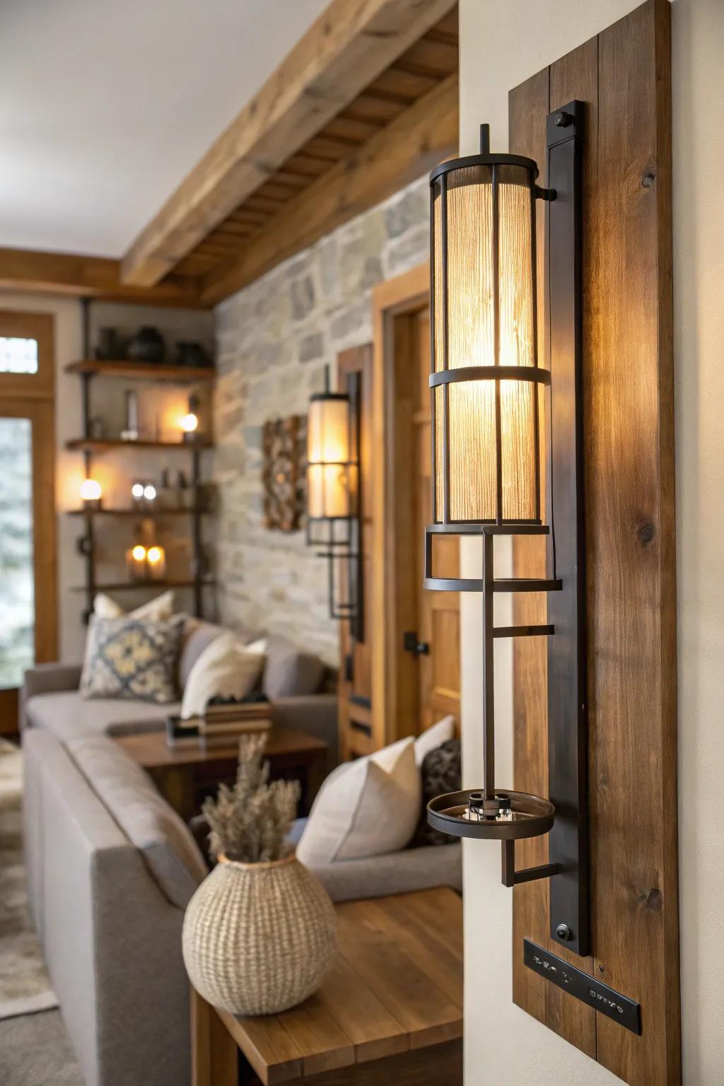 Wood and metal lamps evoke a cozy yet modern rustic ambiance.