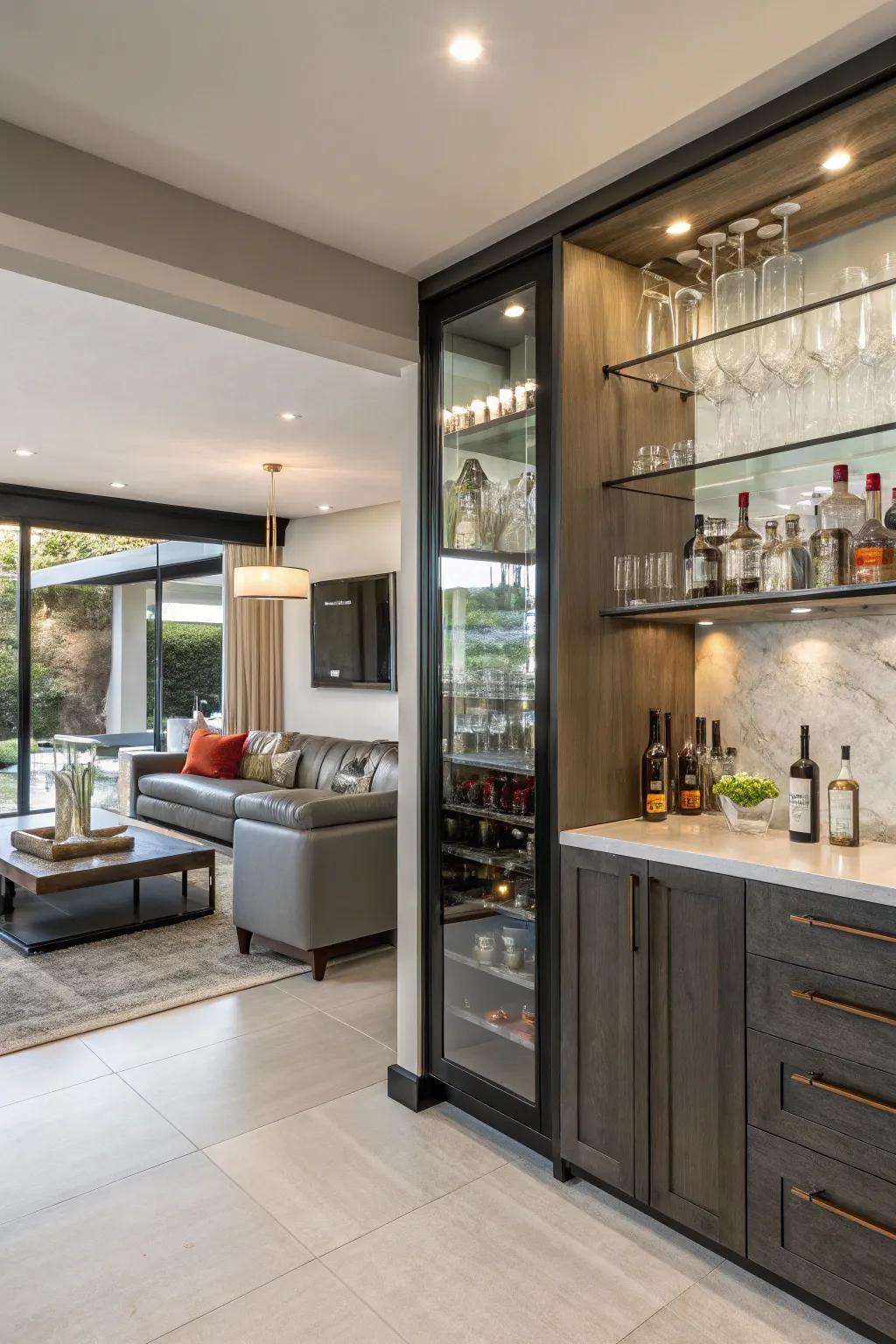 Exposed shelving imparts a contemporary nuance to your wet bar.