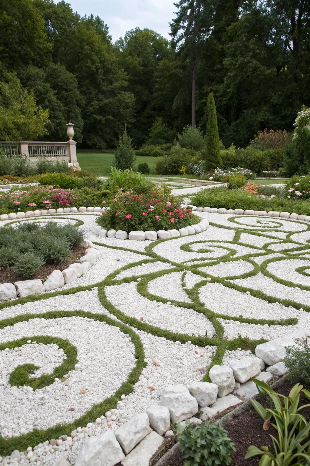A garden exhibiting symmetrical motifs crafted with pale stones, incorporating a contemporary artistic flair.