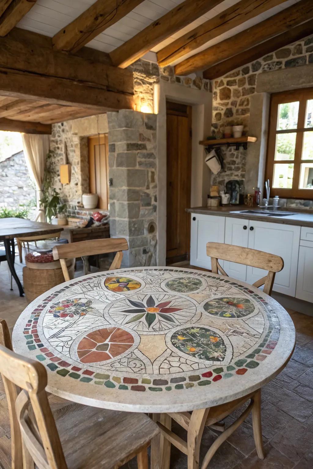 A mosaic table fashioned from broken tableware establishes a personalized and rustic charisma.
