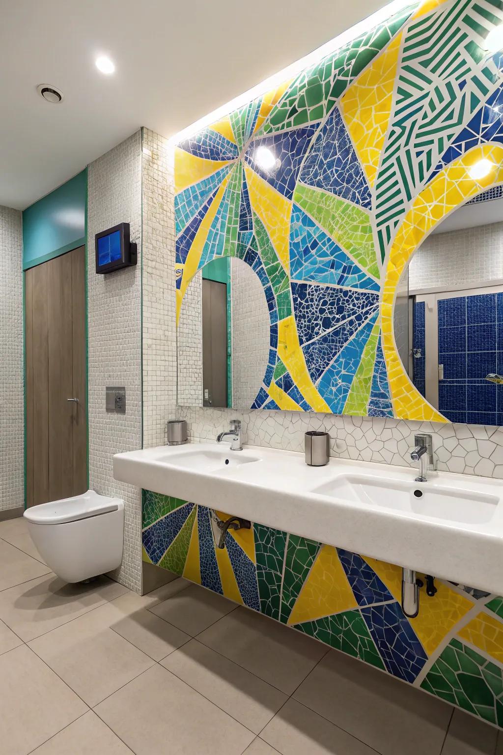 A vibrant mosaic wall serving as the bathroom's centerpiece.