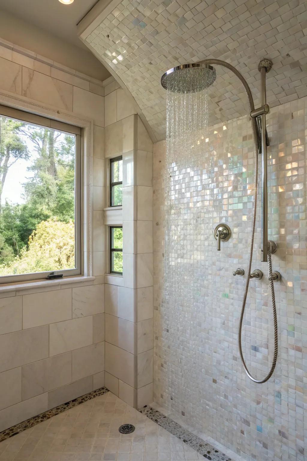 Transform your shower into a deluxe escape with mother of pearl tiles.