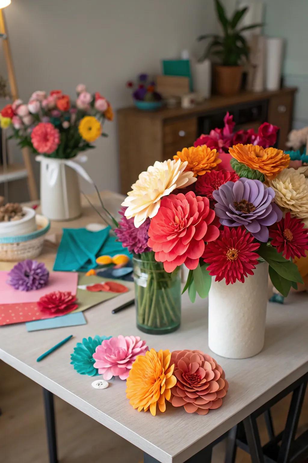 Vibrant DIY paper flowers serve as captivating decorations.