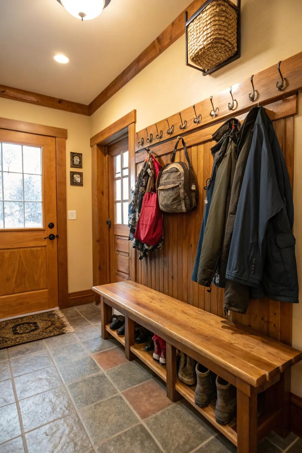 Practical benches and hangers for daily ease.