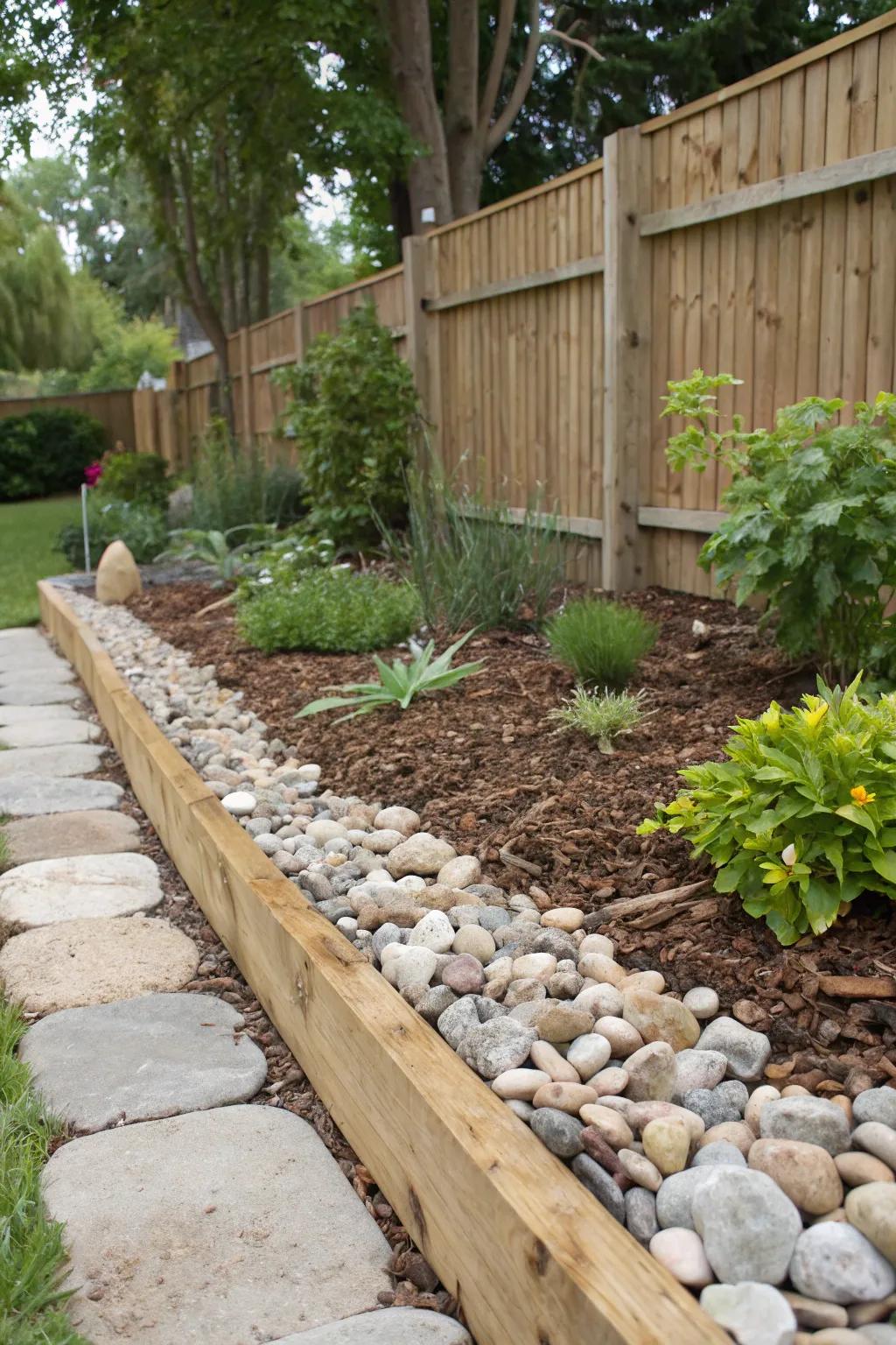 The amalgamation of materials heightens the visual allure of garden borders.