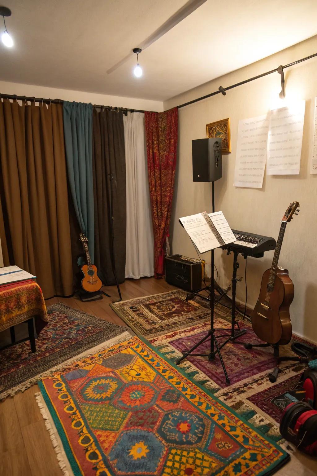 Rugs and curtains enhance sound and add warmth.