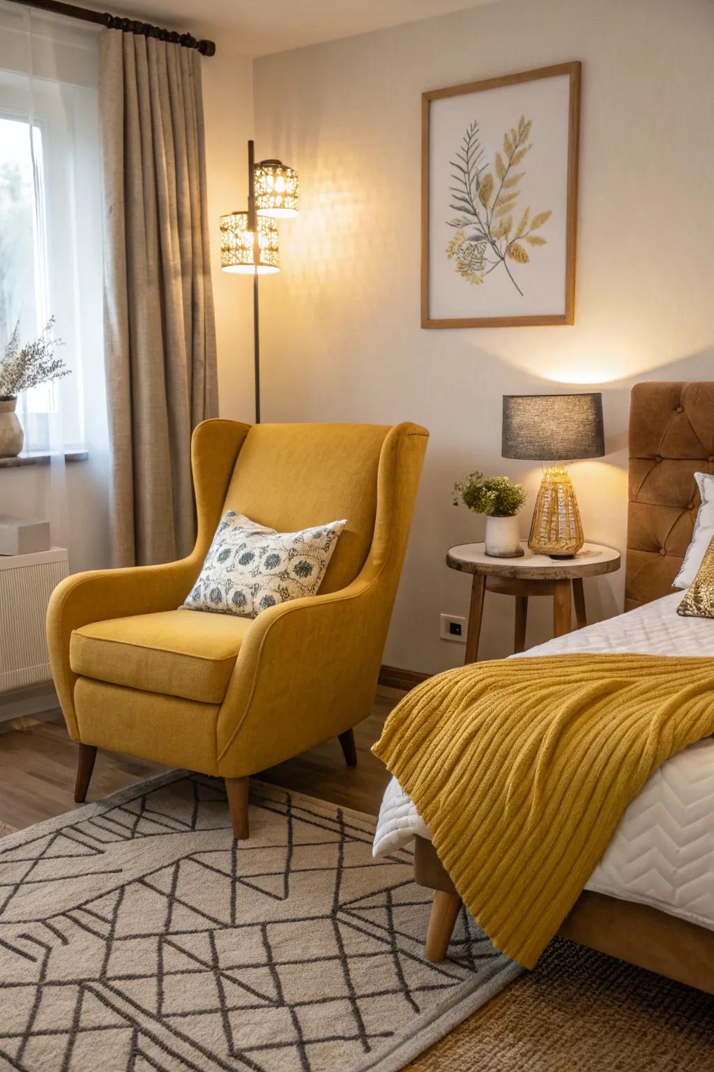 A sleeping chamber boasting an amber-toned lounging chair and corresponding ornamental highlights.