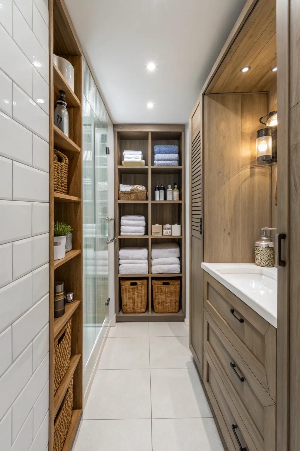Using vertical storage maximizes available area in compact bathrooms.