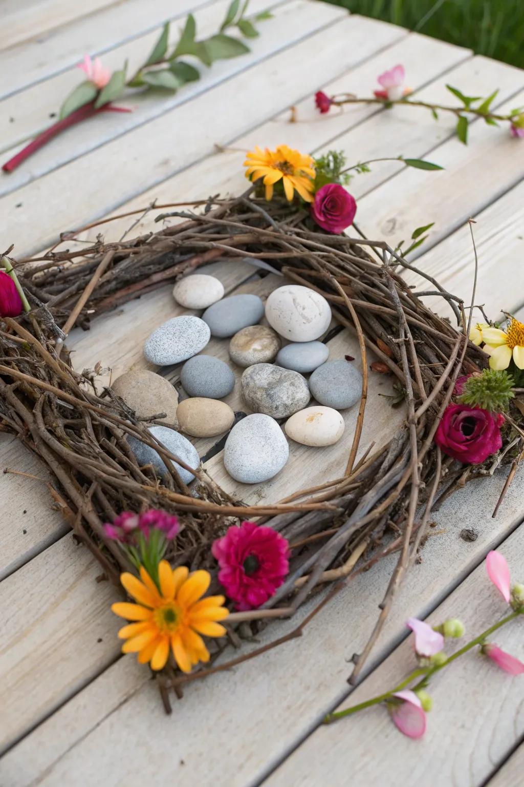 An artistic composition utilizing organic elements such as slender branches and stones.
