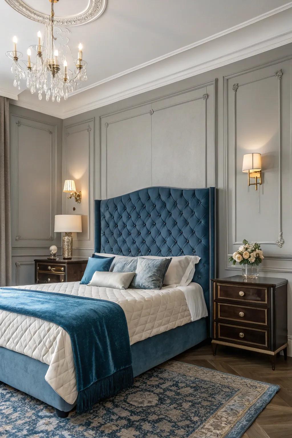 A blue velvet headboard adds a touch of luxury and sophistication to the space.