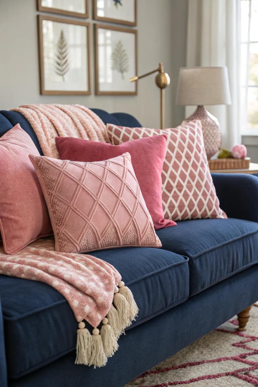 Rose scatter cushions contribute a lively touch to a marine sofa.