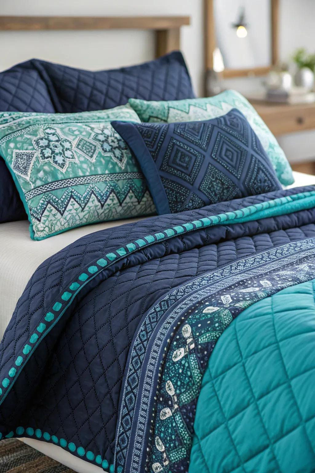 Layered bedding constructed of navy and teal crafts a cozy escape.