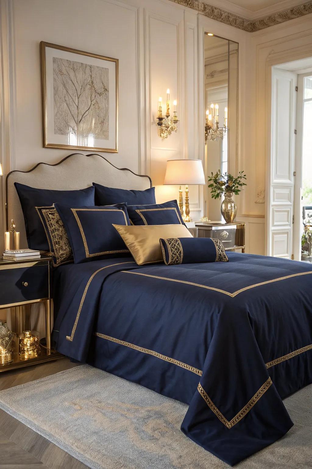 To give your bedding a glamorous touch, use gold accents.