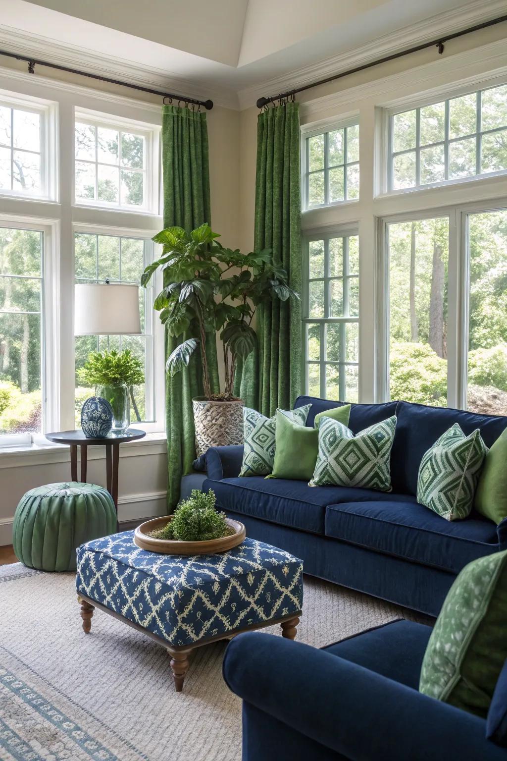 Sunlight exquisitely accentuates abyssal and emerald tones in the family space.