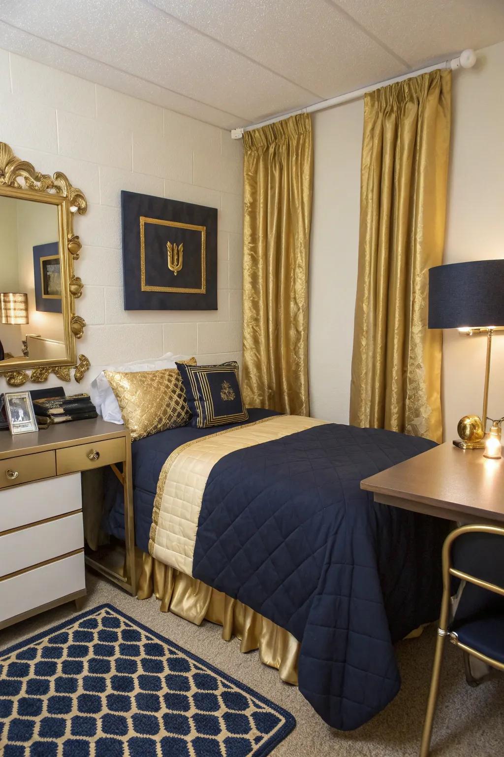 Gilded features exquisitely complement the profound shades of deep blue.