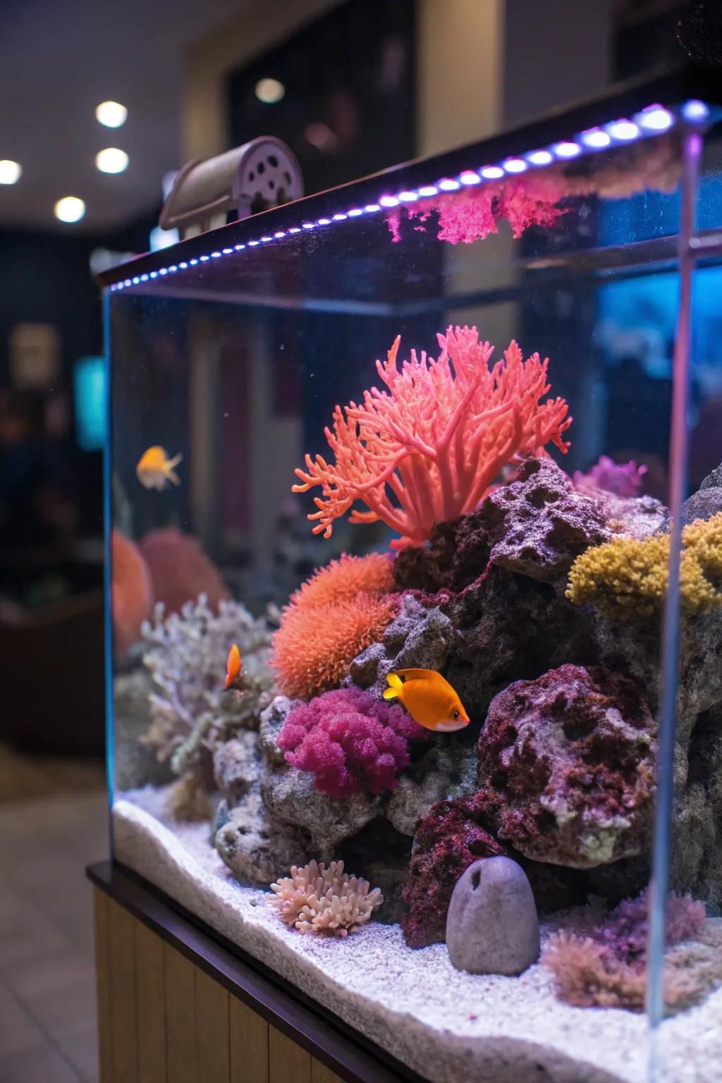 Fluorescent ornamental elements augment profundity and vibrancy to this aquarium.
