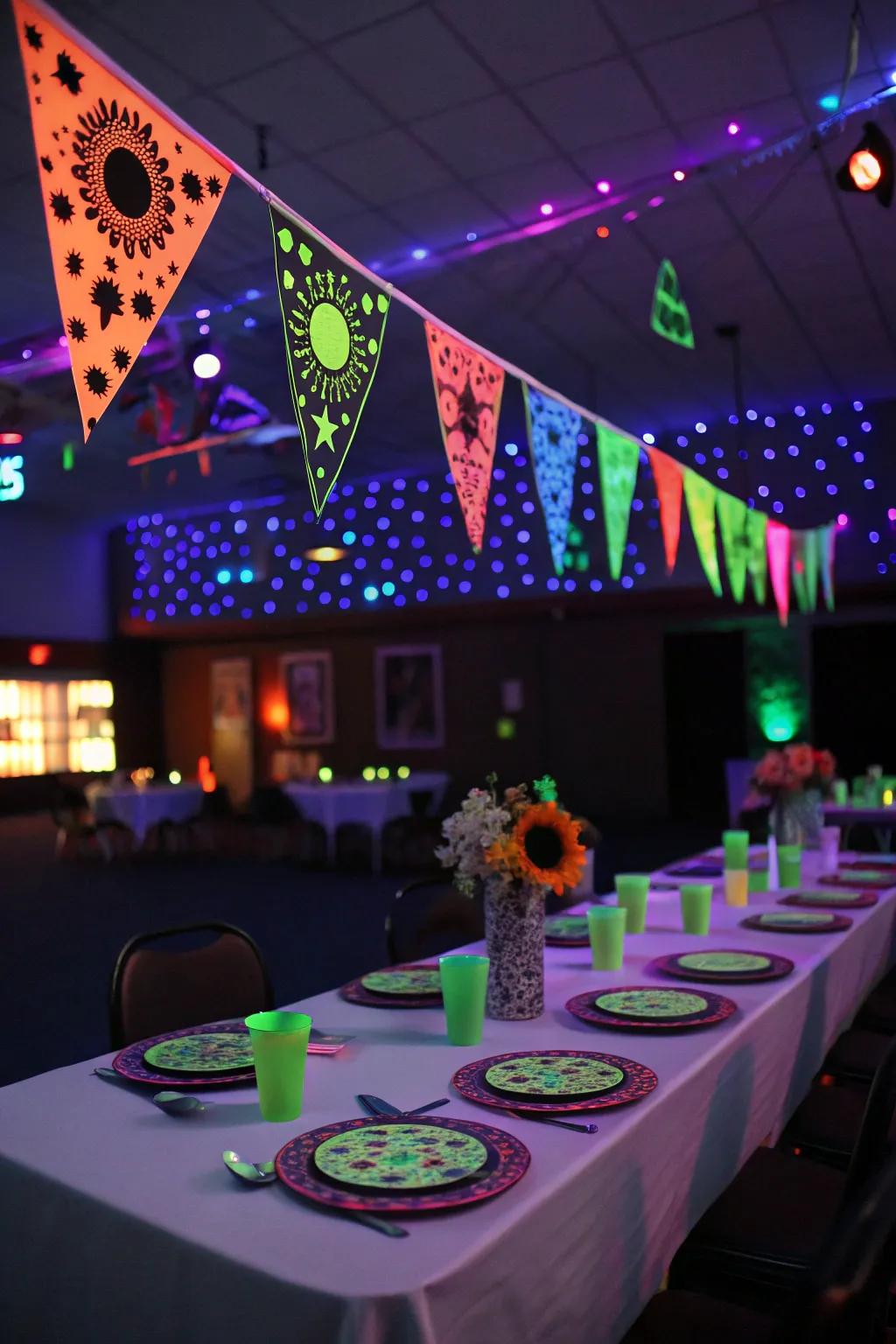 Handcrafted glow-in-the-dark banners and table arrangements contribute a distinctive flair to a neon-centric party theme.